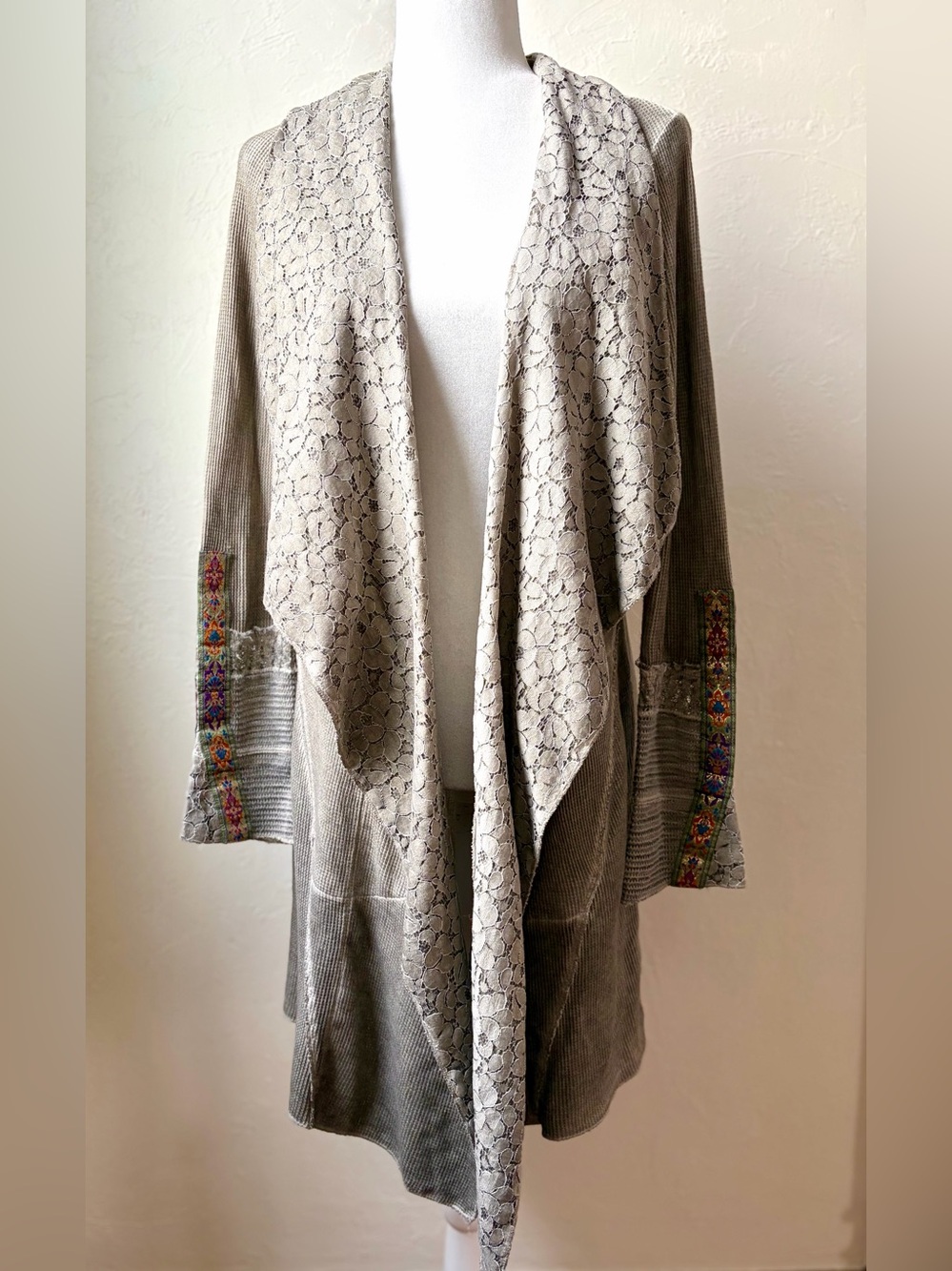 Soft Surroundings Lace Drape Cardigan Woven Trim Sleeve Open Front XS